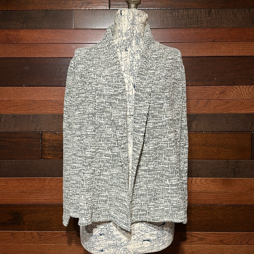 Van Huesen Open Front Long Sleeve Dark Gray and White Heathered Cardigan